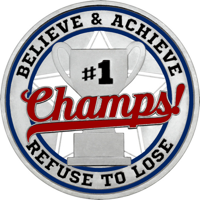 Maroon "Champs!" with Navy Blue Outer Circular Borders